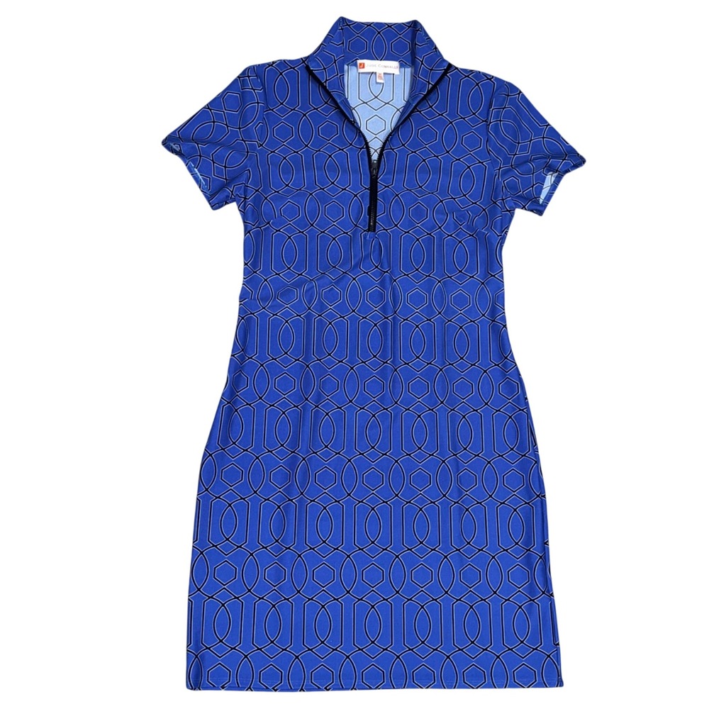 Jude Connally Royal Blue Geometric Print Short Sleeve Zip Neck Golf Dress XS